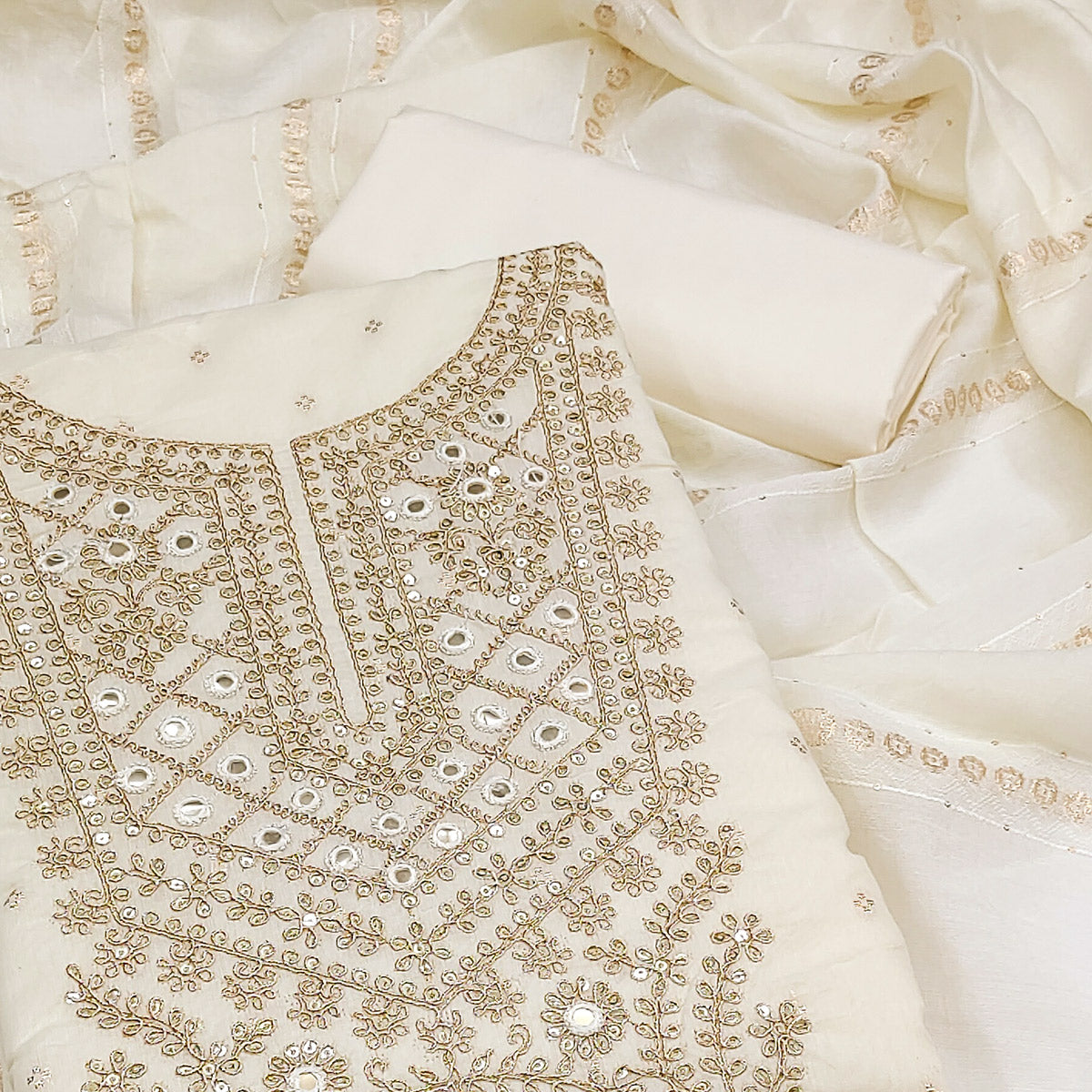 Offwhite Chanderi Silk Dress Material With Intricate Floral Sequins Embroidery & Butti Work