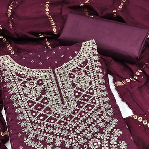 Wine Chanderi Silk Dress Material With Intricate Floral Sequins Embroidery & Butti Work