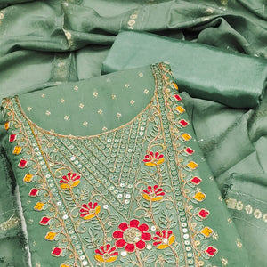 Green Chanderi Silk Dress Material With Delicate Floral Sequins Embroidery & Butti Work
