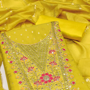 Mustard Chanderi Silk Dress Material With Delicate Floral Sequins Embroidery & Butti Work