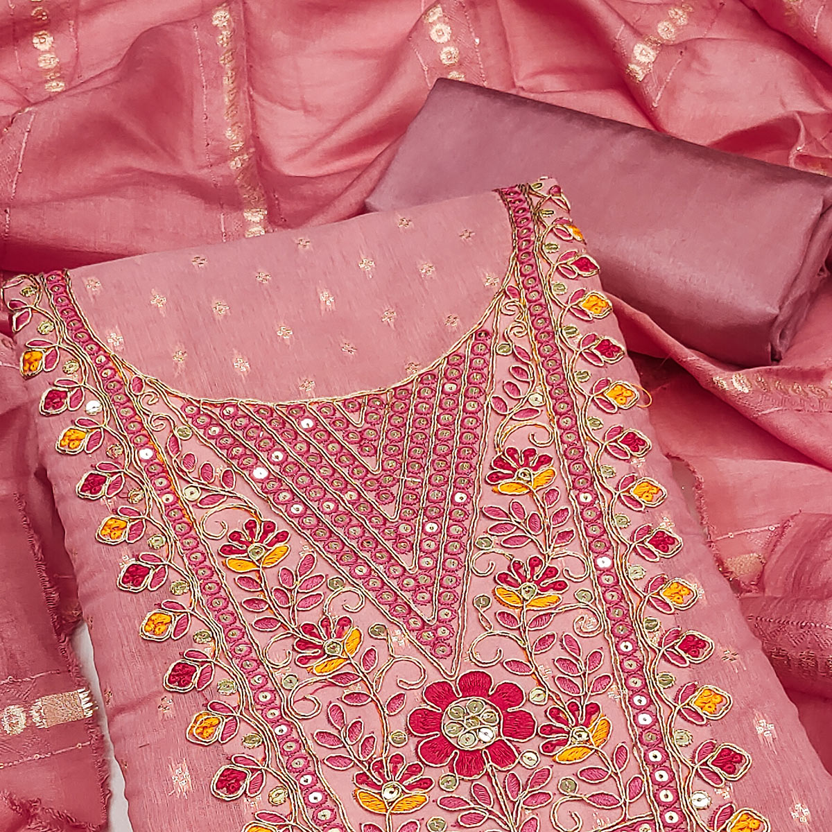 Peach Chanderi Silk Dress Material With Delicate Floral Sequins Embroidery & Butti Work