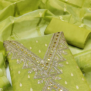 Green Jacquard Dress Material with Zari Weaving and Sequin Accents
