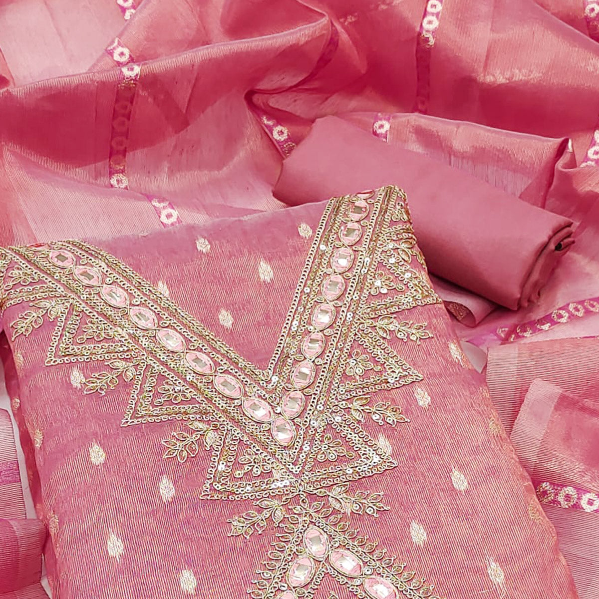Peach Jacquard Dress Material with Zari Weaving and Sequin Accents