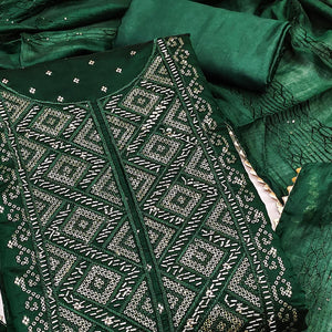 Bottle Green Shimmer Dress Material Featuring Zari Weaving & Beads Work