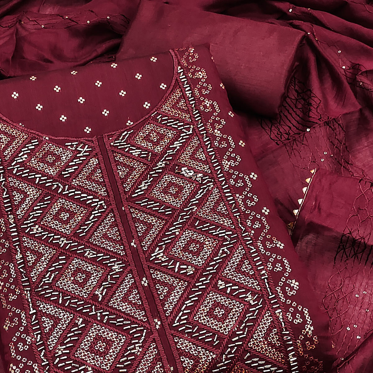 Maroon Shimmer Dress Material Featuring Zari Weaving & Beads Work