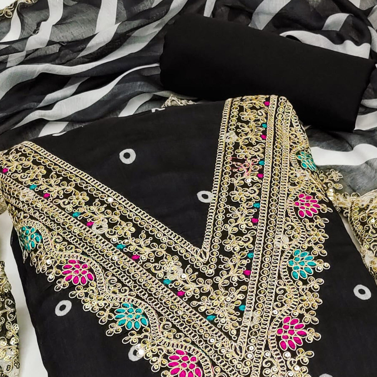Black Printed Dress Material In Chanderi Silk with Intricate Cording & Sequin Work