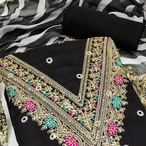 Black Printed Dress Material In Chanderi Silk with Intricate Cording & Sequin Work