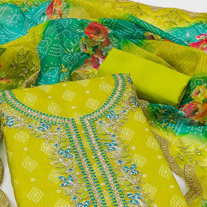 Green Bandhani Printed Chanderi Silk Dress Material With Sequin & Cording Embroidery