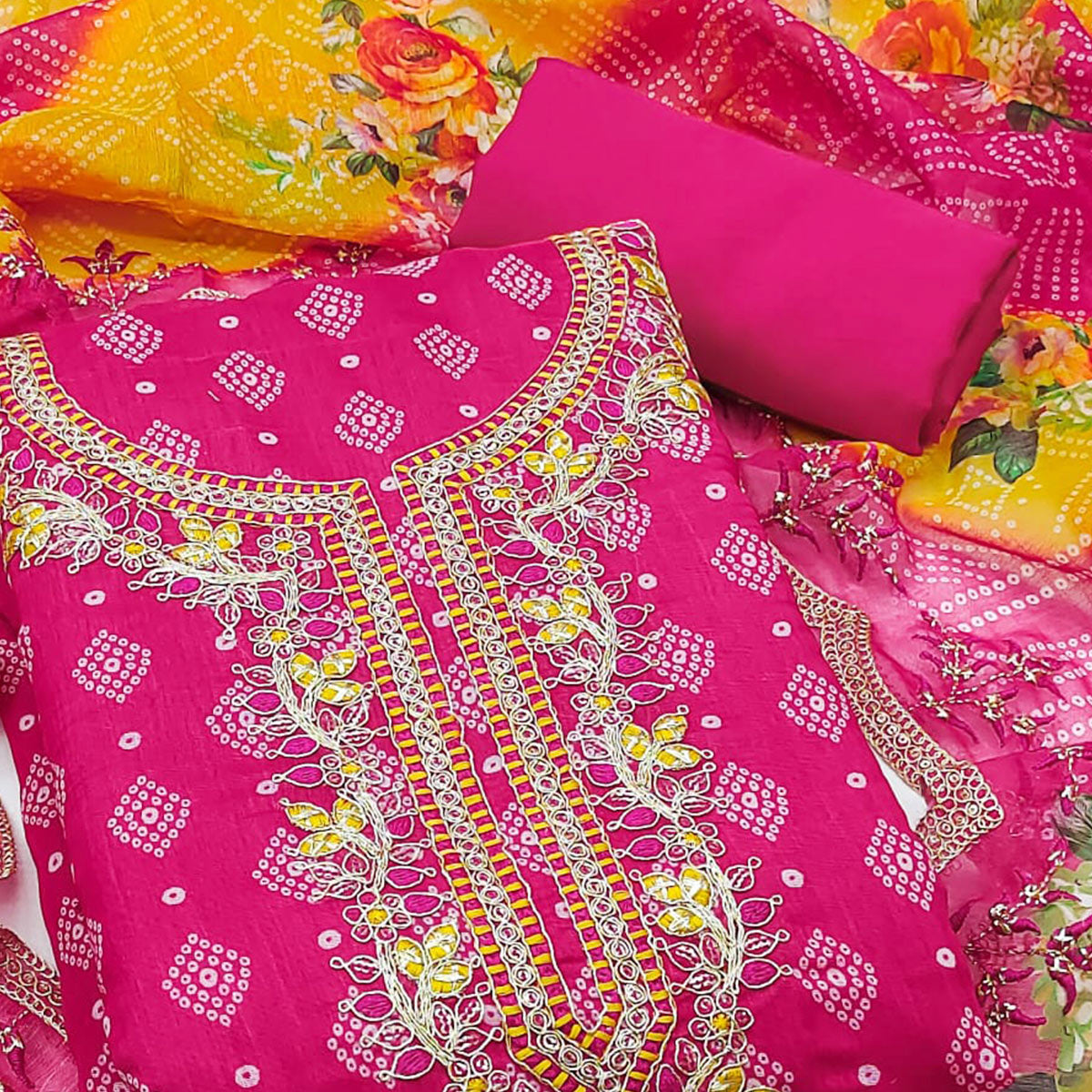 Rani Pink Bandhani Printed Chanderi Silk Dress Material With Sequin & Cording Embroidery