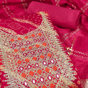 Rani Pink Bandhani Print On Roman Chanderi Silk With Cording & Sequins Work Dress Material