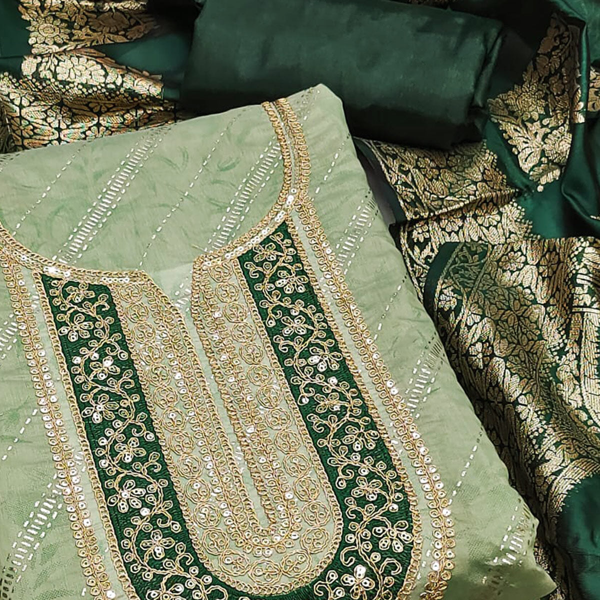 Green Floral Printed Chanderi Silk Dress Material Embellished With Sequins & Cording