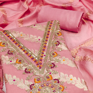 Pink Jacquard Dress Material with Shimmering Zari Weave in Traditional Banarasi Style