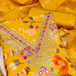Yellow Dress Fabric in Chanderi Silk Blended with Floral Patterns and Delicate Thread Work