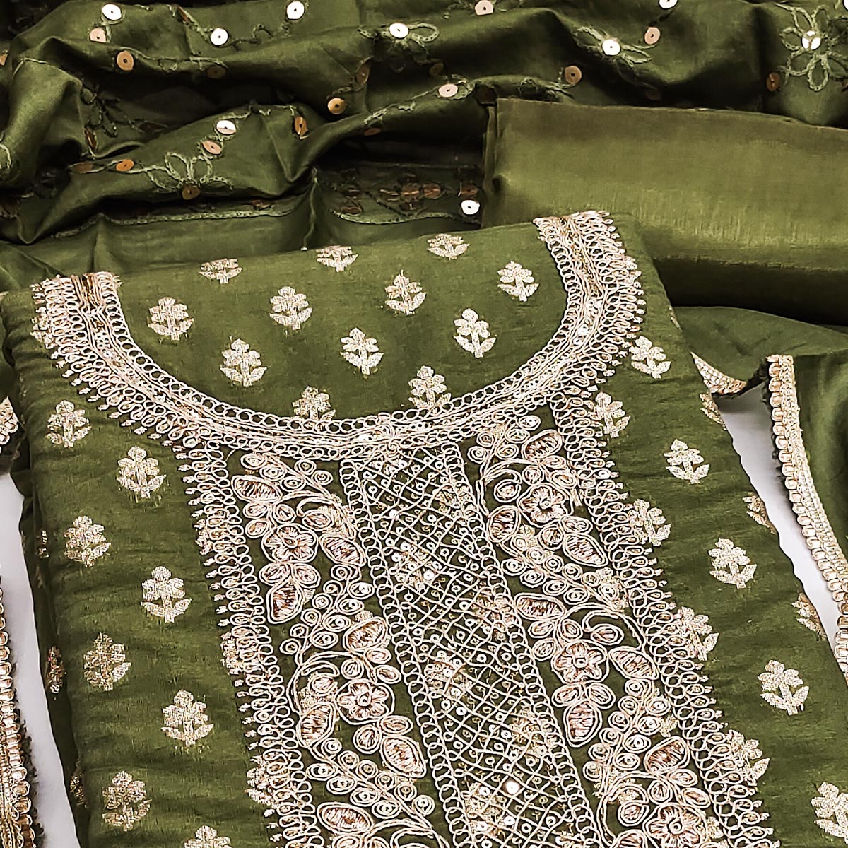 Green Chanderi Cotton Fabric with Elegant Butti Zari Weaving for a Festive Yet Soft Look