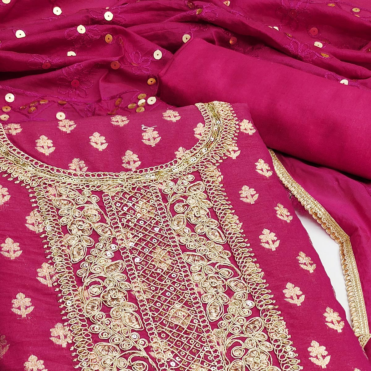 Pink Chanderi Cotton Fabric with Elegant Butti Zari Weaving for a Festive Yet Soft Look