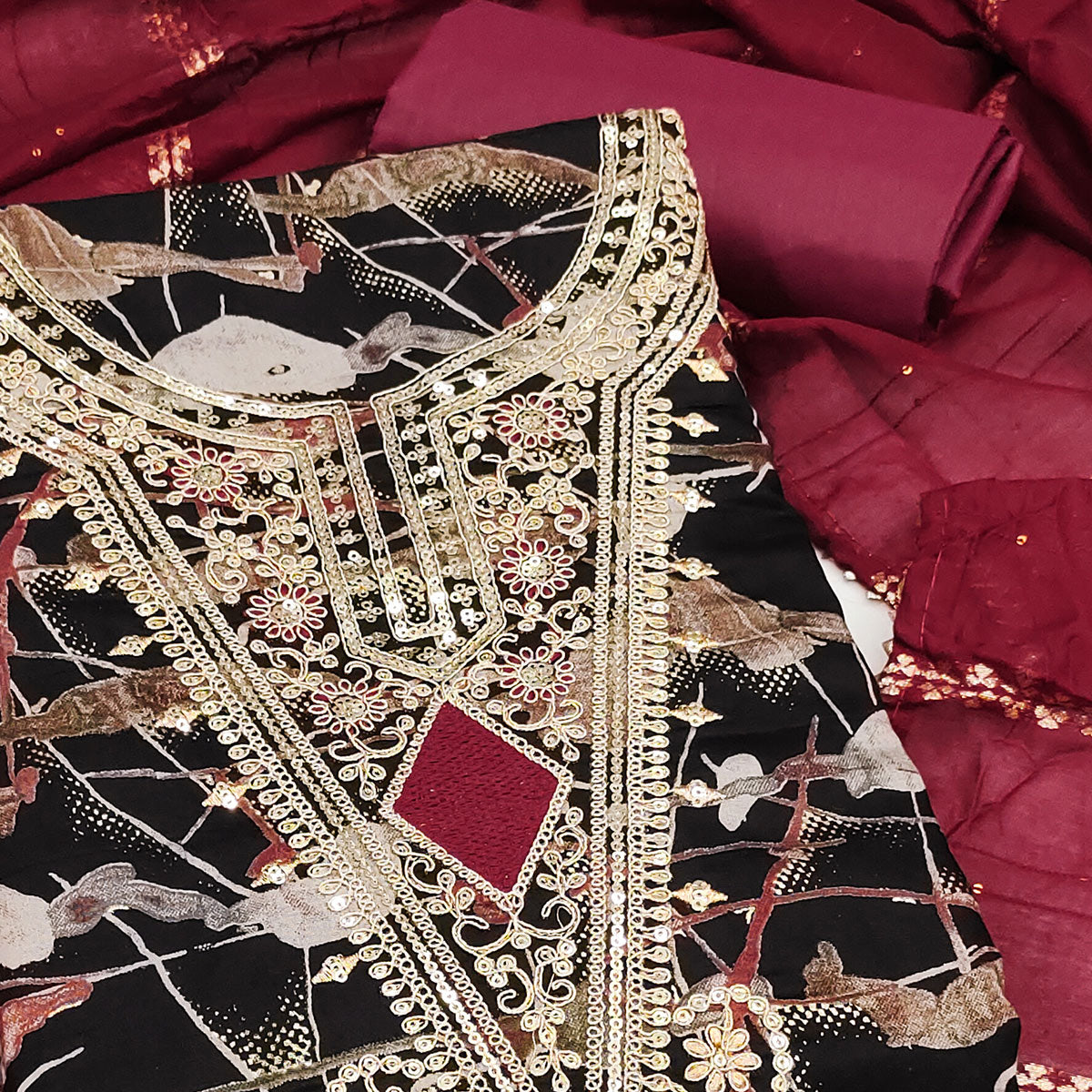 Black Printed Dress Material With Sequins & Cording Work In Chanderi Roman Silk