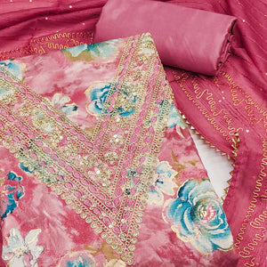 Pink Printed Dress Material With Sequins & Cording Work In Chanderi Roman Silk