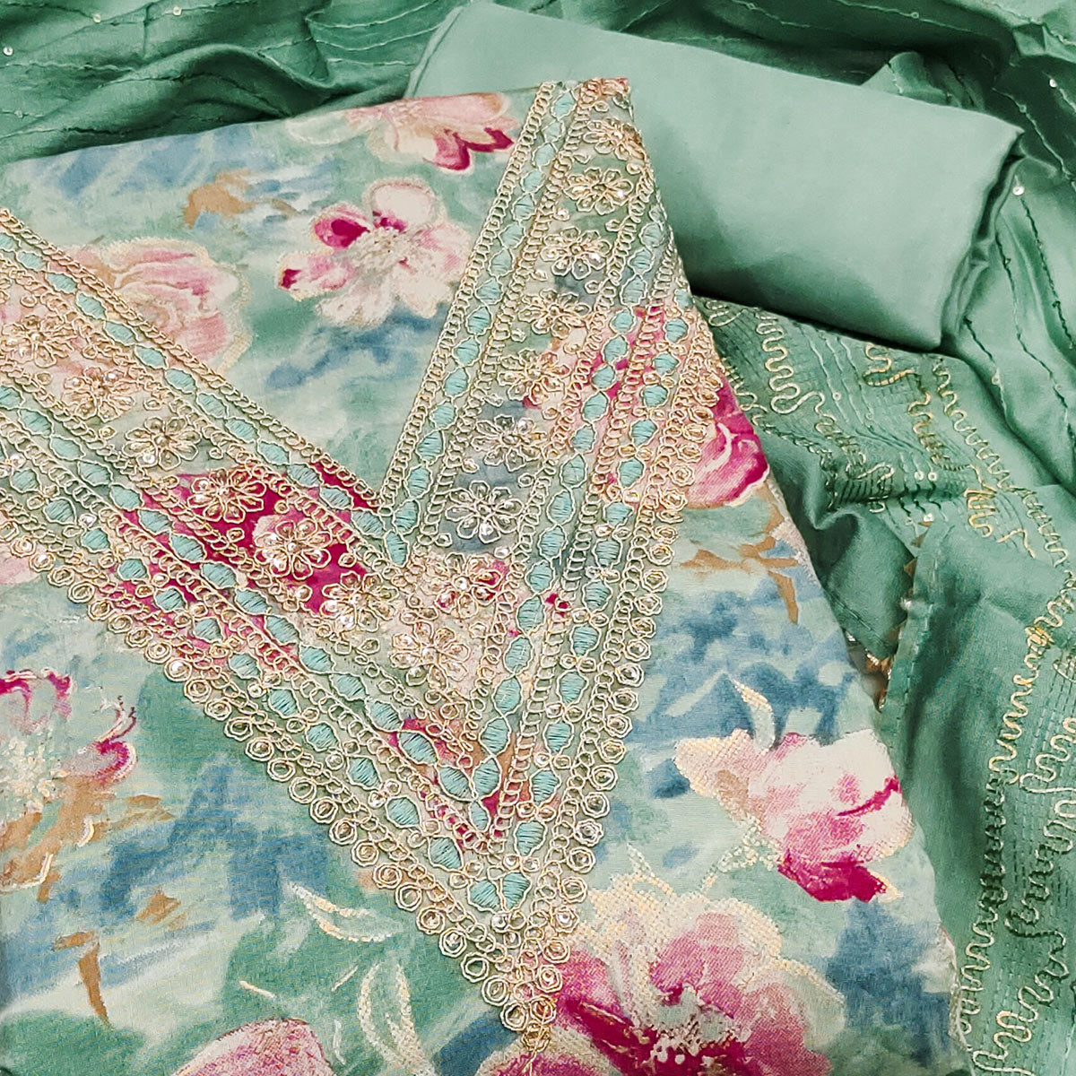 Pista Green Printed Dress Material With Sequins & Cording Work In Chanderi Roman Silk