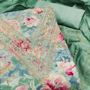 Pista Green Printed Dress Material With Sequins & Cording Work In Chanderi Roman Silk