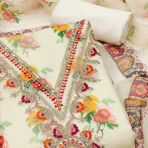 Cream Floral Digital Print Dress Material With Sequins & Cording Embroidery On Chanderi Silk