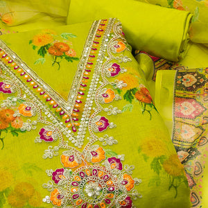 Green Floral Digital Print Dress Material With Sequins & Cording Embroidery On Chanderi Silk