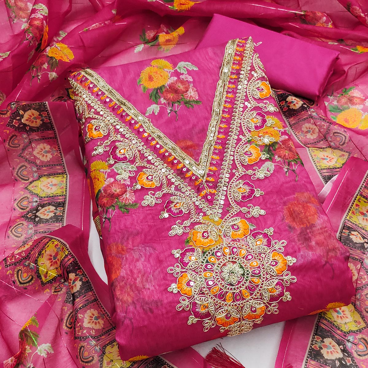 Pink Floral Digital Print Dress Material With Sequins & Cording Embroidery On Chanderi Silk