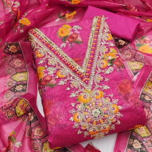 Pink Floral Digital Print Dress Material With Sequins & Cording Embroidery On Chanderi Silk