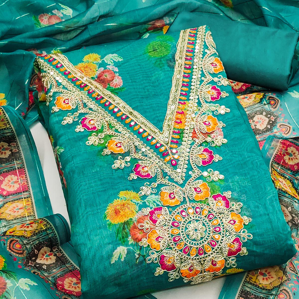 Teal Floral Digital Print Dress Material With Sequins & Cording Embroidery On Chanderi Silk