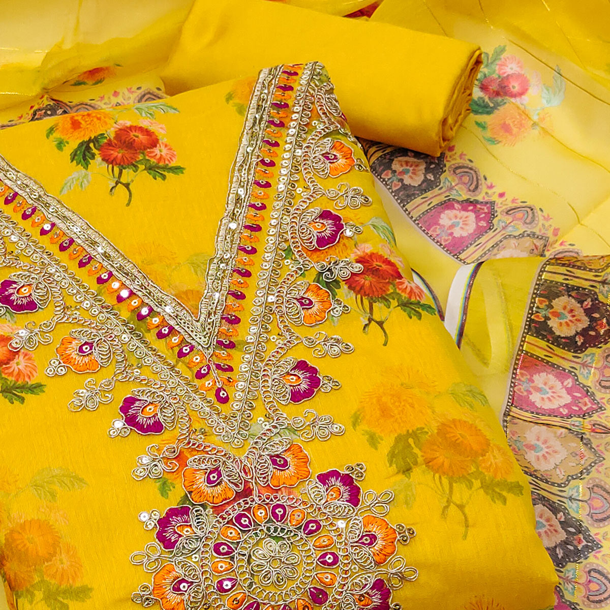 Yellow Floral Digital Print Dress Material With Sequins & Cording Embroidery On Chanderi Silk