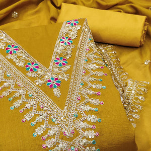 Mustard Floral Printed Vichitra Silk Dress Material With Sequins & Cording Work