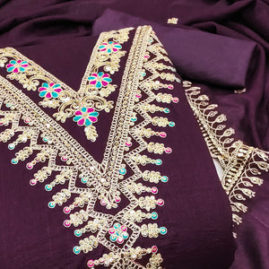 Wine Floral Printed Vichitra Silk Dress Material With Sequins & Cording Work