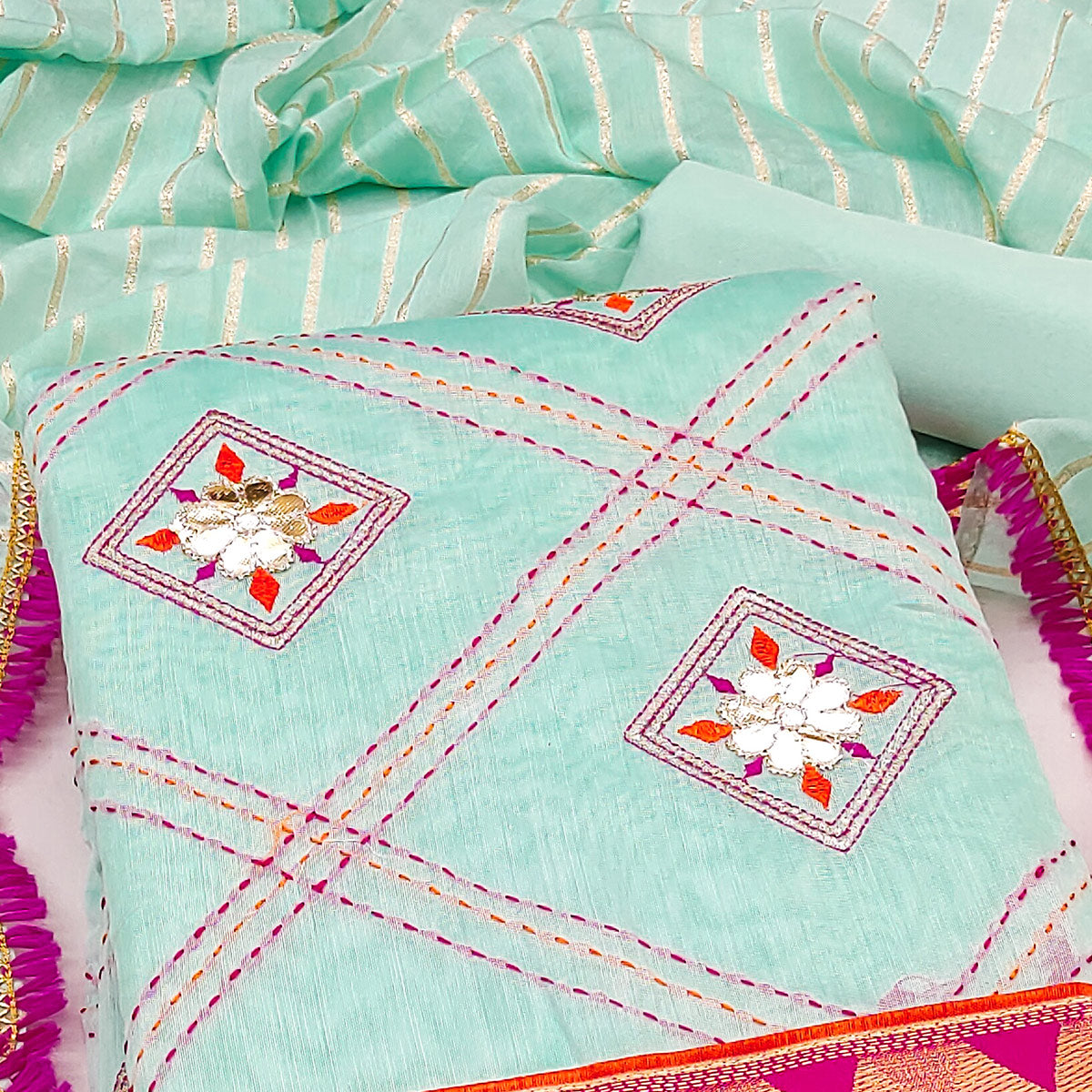 Blue Chanderi Dress Material Featuring Gota Patti Work & Delicate Floral Embroidery