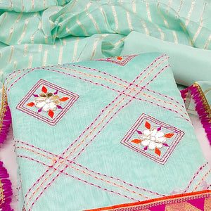 Blue Chanderi Dress Material Featuring Gota Patti Work & Delicate Floral Embroidery