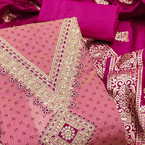 Pink Printed Chanderi Silk Dress Material With Cording Sequins Embroidery On Neck