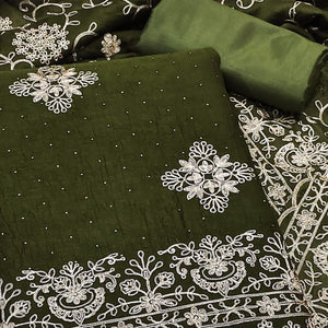 Mehendi Green Floral Zari Embroidery With Swarovski Work Vichitra Silk Dress Material
