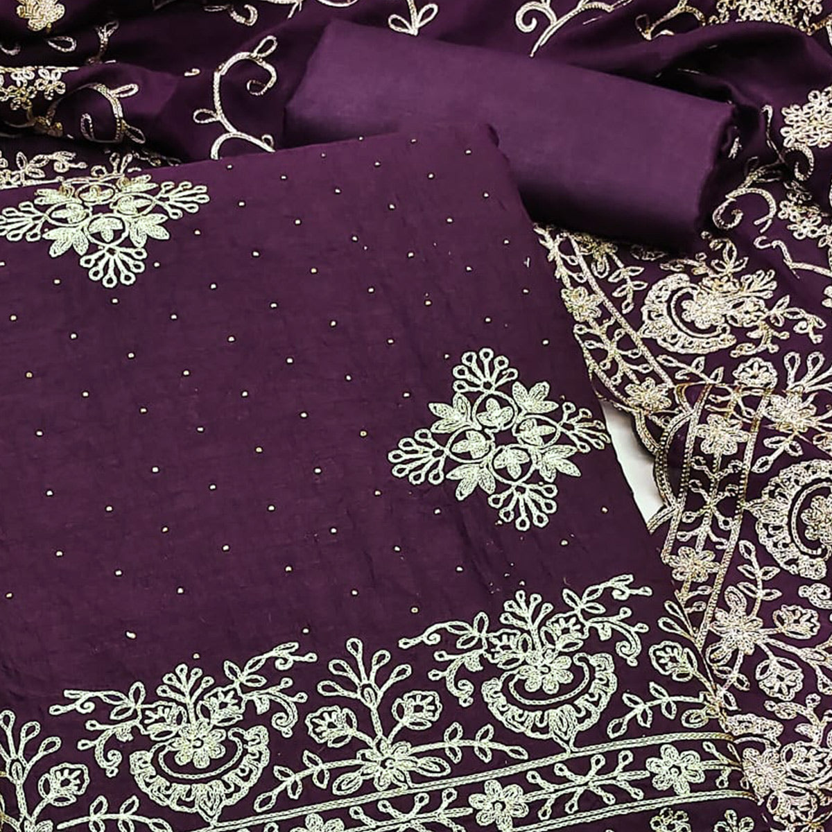 Wine Floral Zari Embroidery With Swarovski Work Vichitra Silk Dress Material