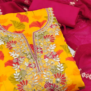 Yellow Floral Printed With Sequins & Cording Embroidery Chanderi Silk Dress Material