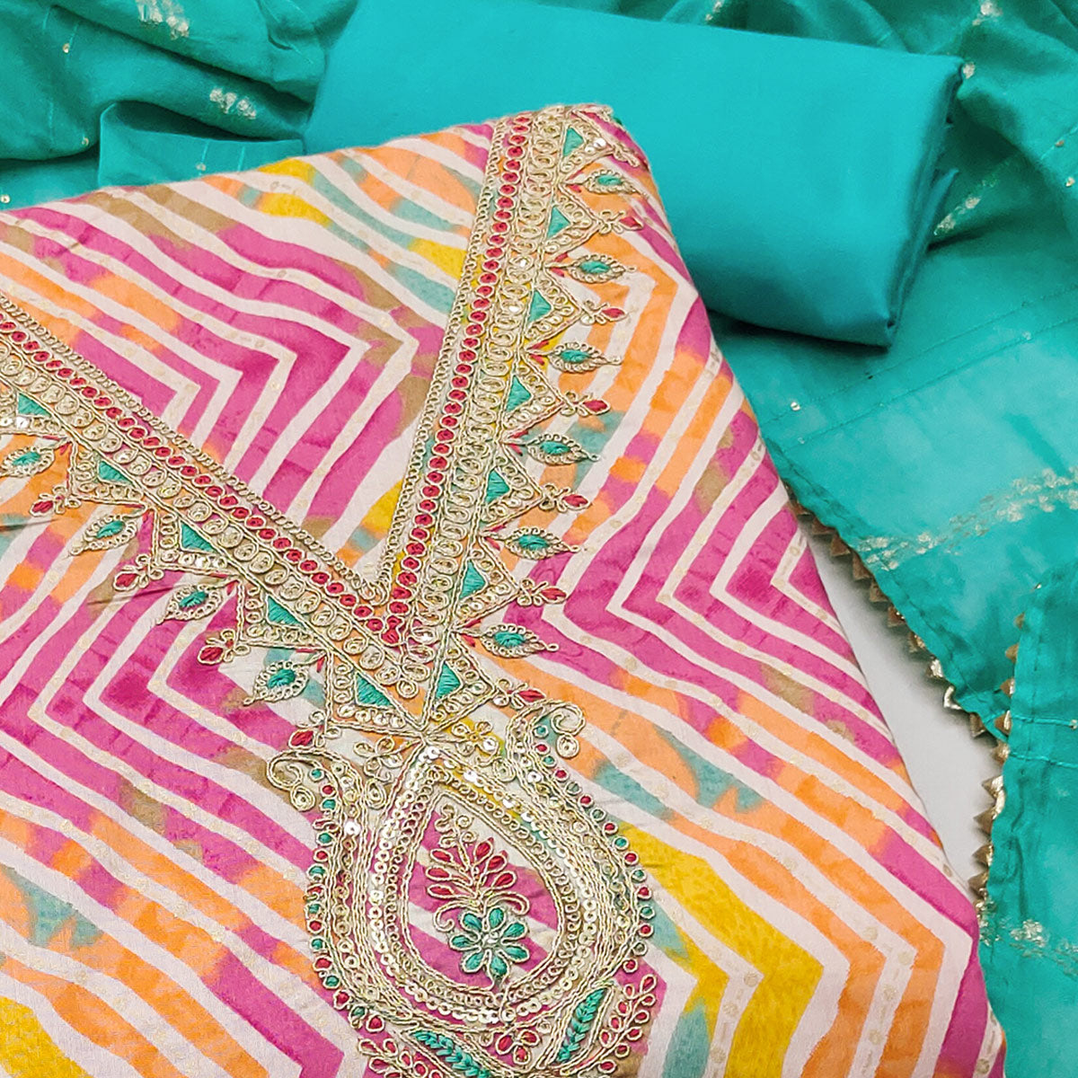 Rani Pink Zig Zag Printed With Sequins & Cording Embroidery Chanderi Silk Dress Material