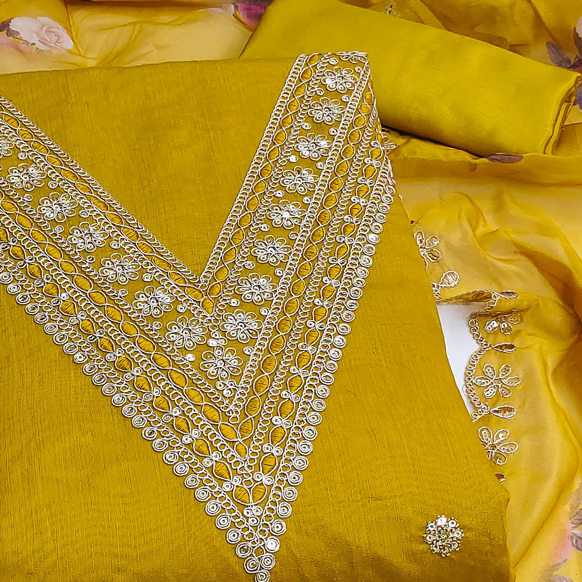 Mustard Floral Cording Embroidery With Sequins Work Chanderi Silk Dress Material