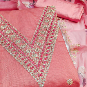 Peach Floral Cording Embroidery With Sequins Work Chanderi Silk Dress Material