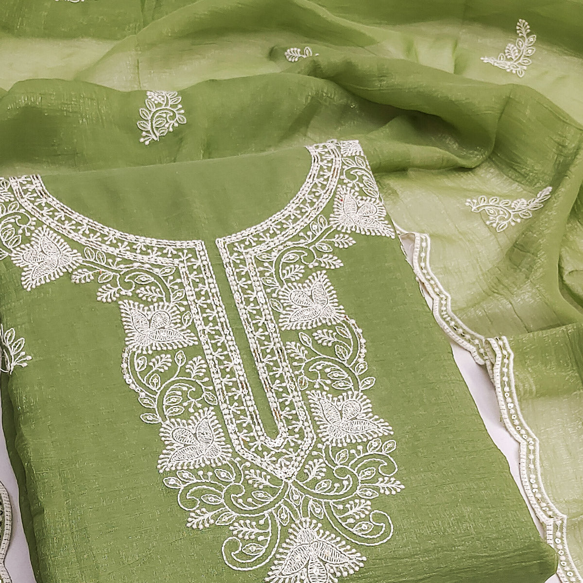 Green Georgette Crunchy Silk Dress Material with Elegant Floral Thread Embroidery & Sequins Work