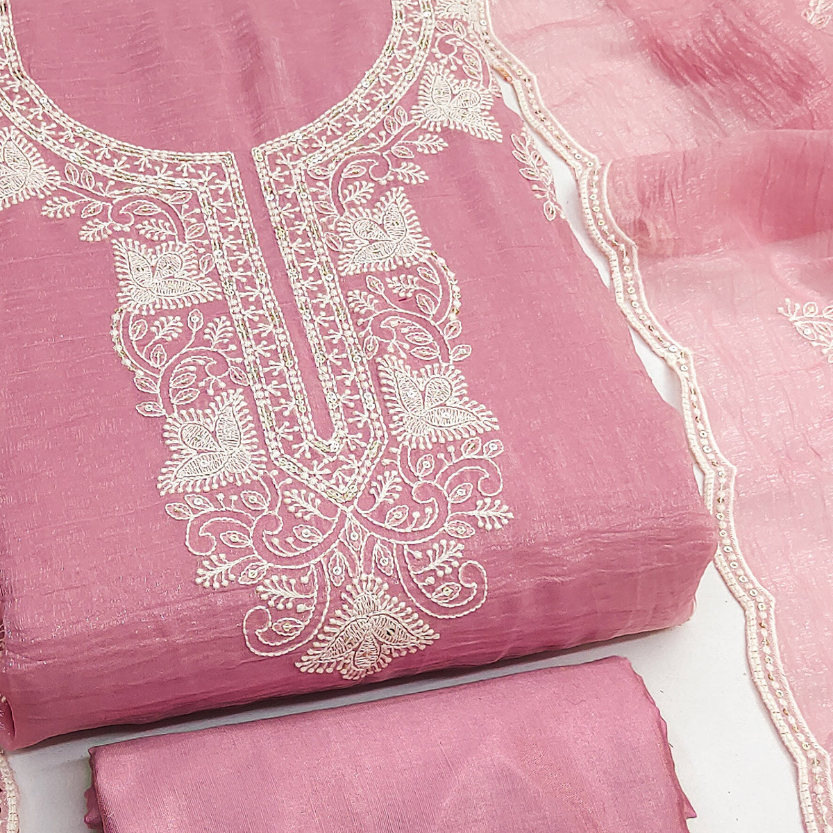Pink Georgette Crunchy Silk Dress Material with Elegant Floral Thread Embroidery & Sequins Work