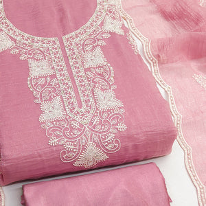 Pink Georgette Crunchy Silk Dress Material with Elegant Floral Thread Embroidery & Sequins Work