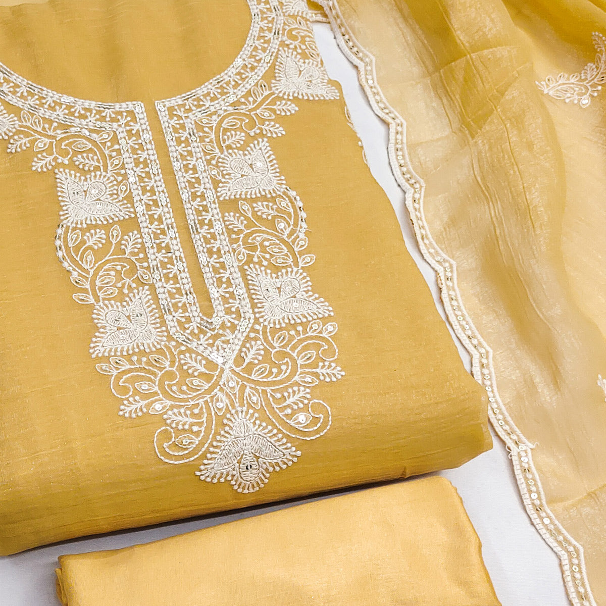 Yellow Georgette Crunchy Silk Dress Material with Elegant Floral Thread Embroidery & Sequins Work