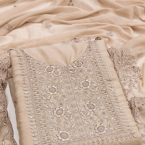 Chikoo Georgette Dress Material With Intricate Floral Zari Embroidery & Sequins Work