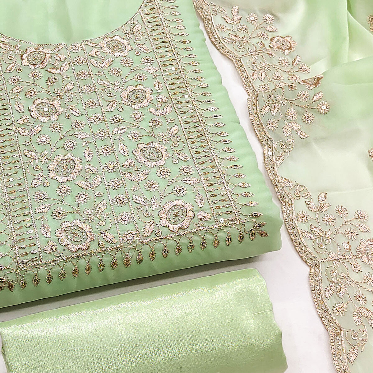 Green Georgette Dress Material With Intricate Floral Zari Embroidery & Sequins Work