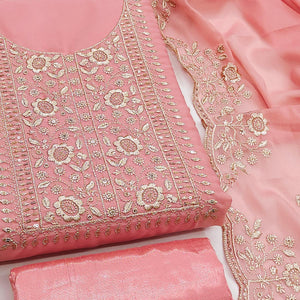 Peach Georgette Dress Material With Intricate Floral Zari Embroidery & Sequins Work