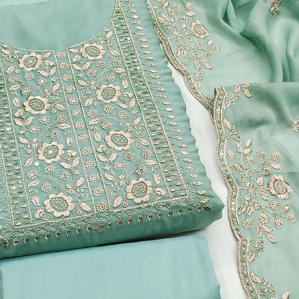 Turquoise Georgette Dress Material With Intricate Floral Zari Embroidery & Sequins Work