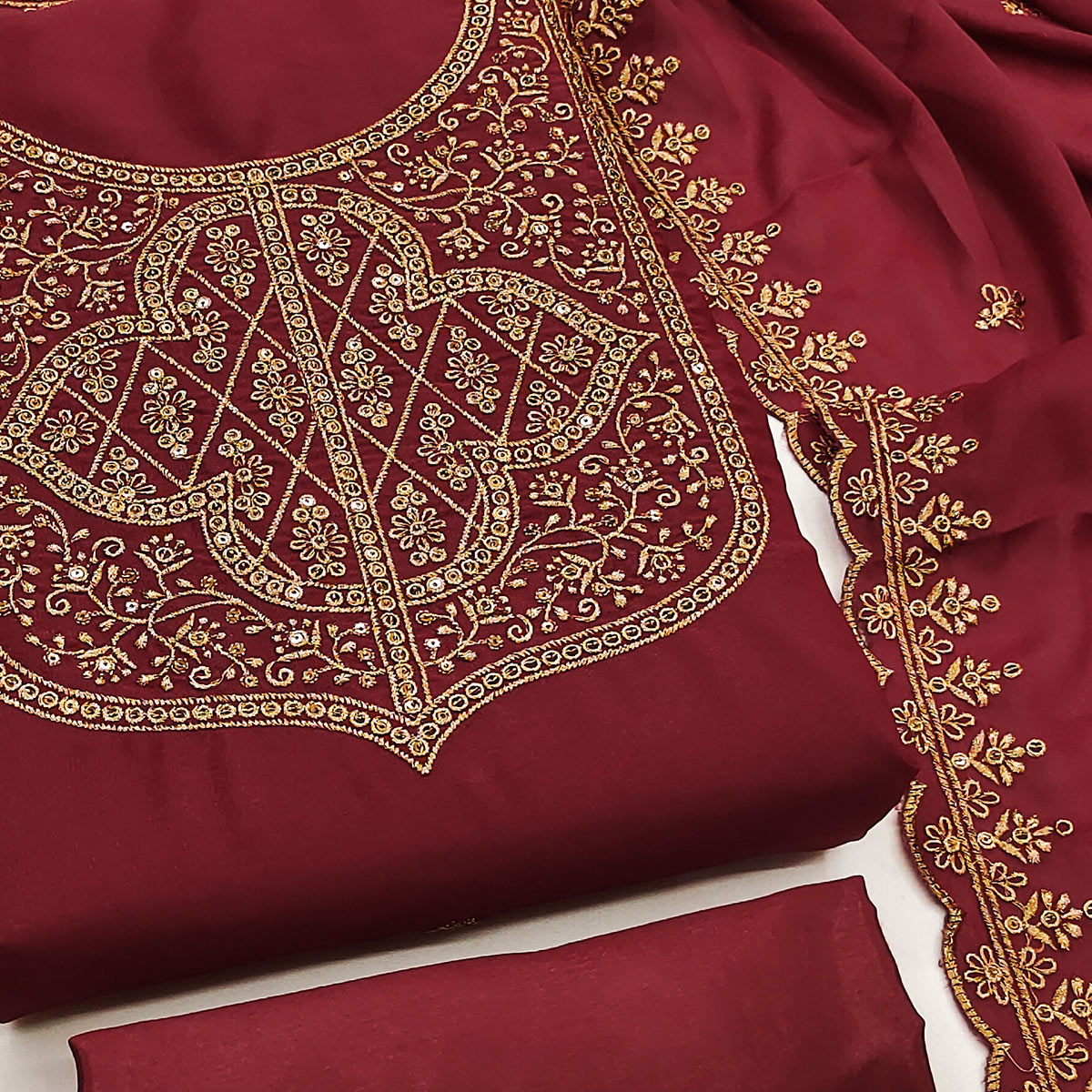 Maroon Georgette Dress Material With Sparkling Sequins & Zari Floral Embroidery