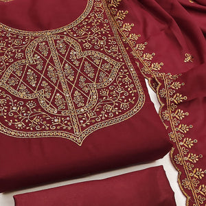 Maroon Georgette Dress Material With Sparkling Sequins & Zari Floral Embroidery
